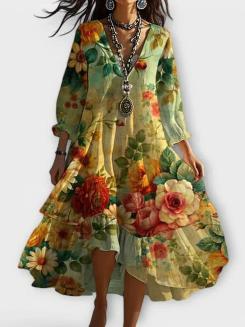 Stella - Vestido Midi Floral Decote V Babado na Barra