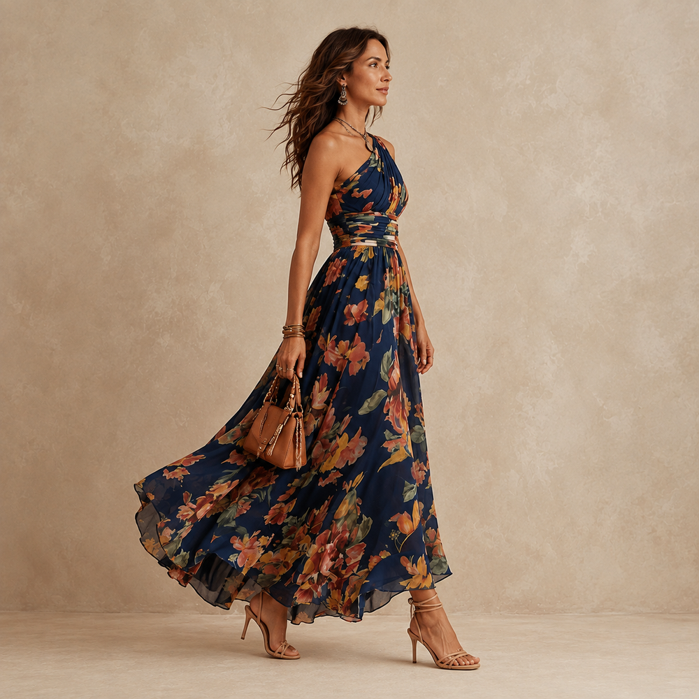 Celeste - Vestido Longo Floral de Um Ombro Só