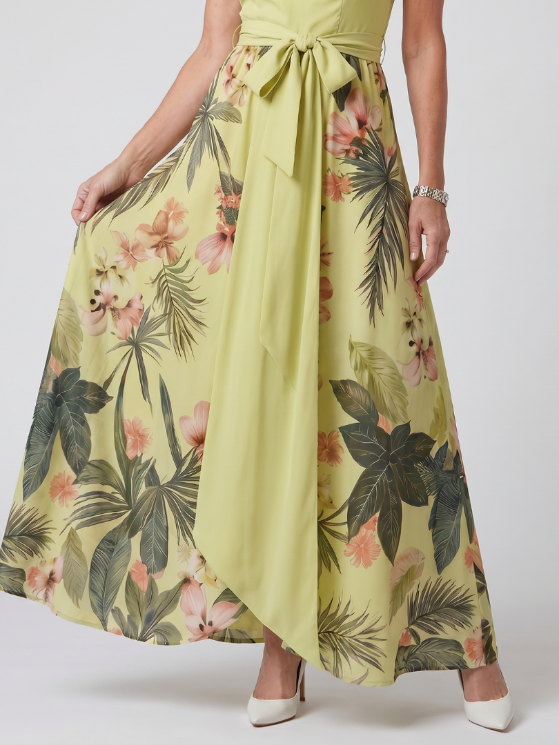 Meadow - Vestido Longo Frente Única Drapeado com Estampa Botânica