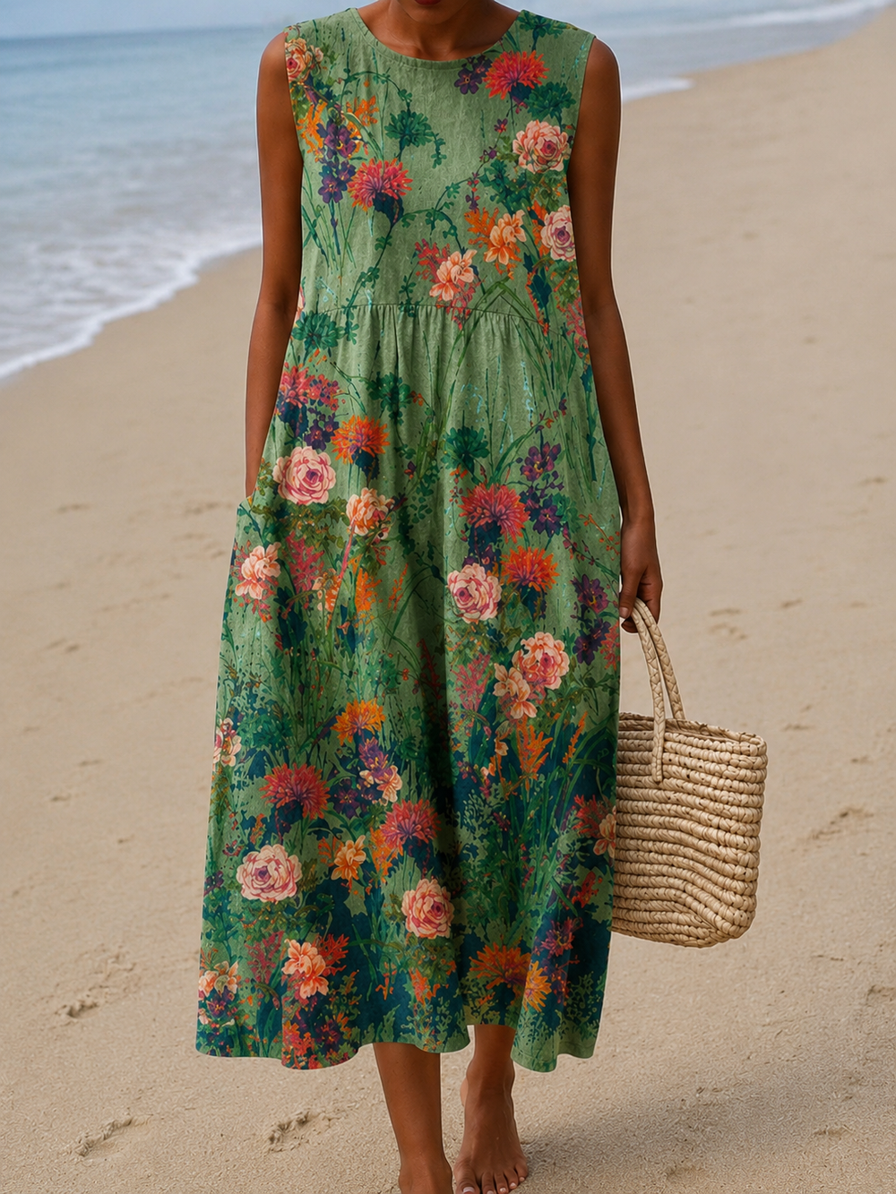 Savannah - Vestido Midi Casual Estampado Sem Mangas