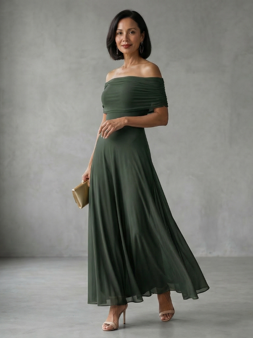 June - Vestido Midi Ombro a Ombro Drapeado