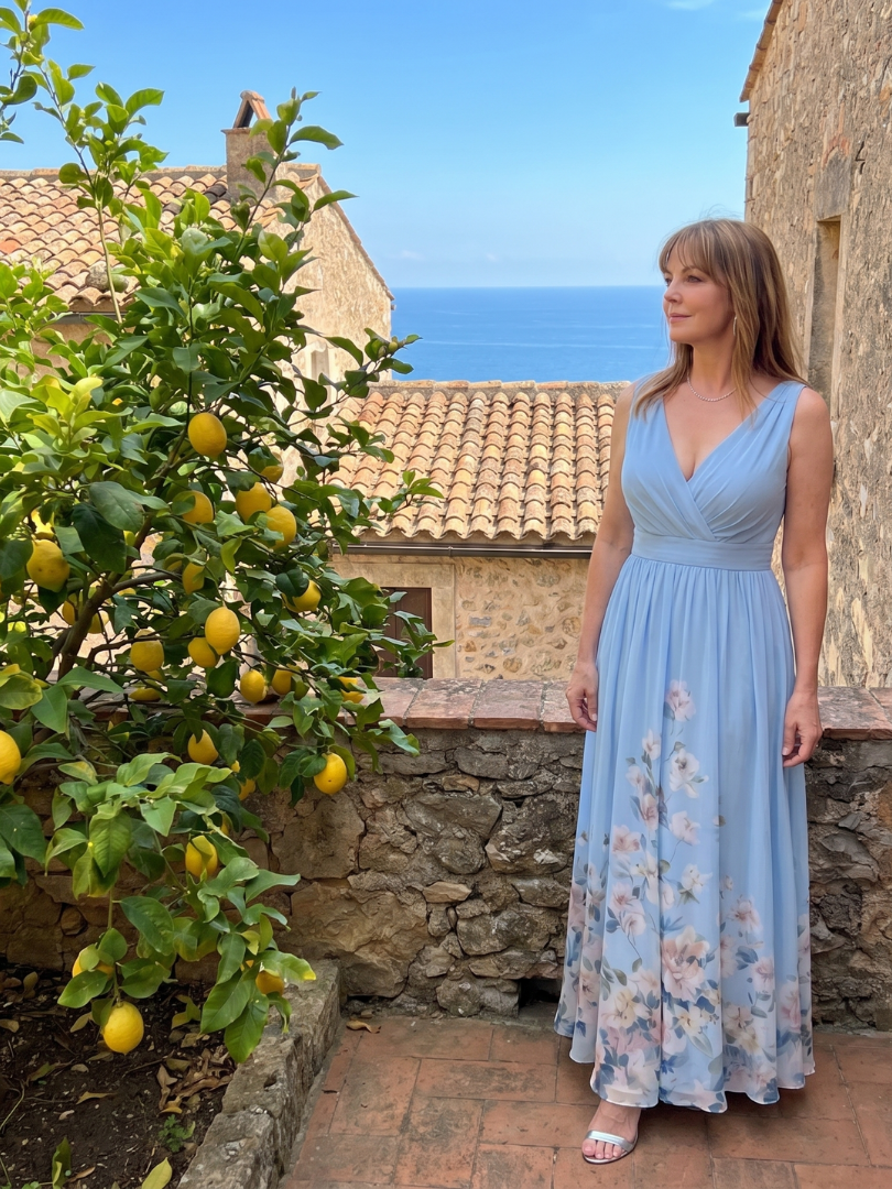 Clarissa - Vestido Midi Sem Mangas com Decote V e Barra Floral