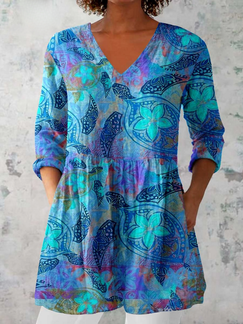 Juliette - Blusa Alongada Decote V Estampa de Tartarugas