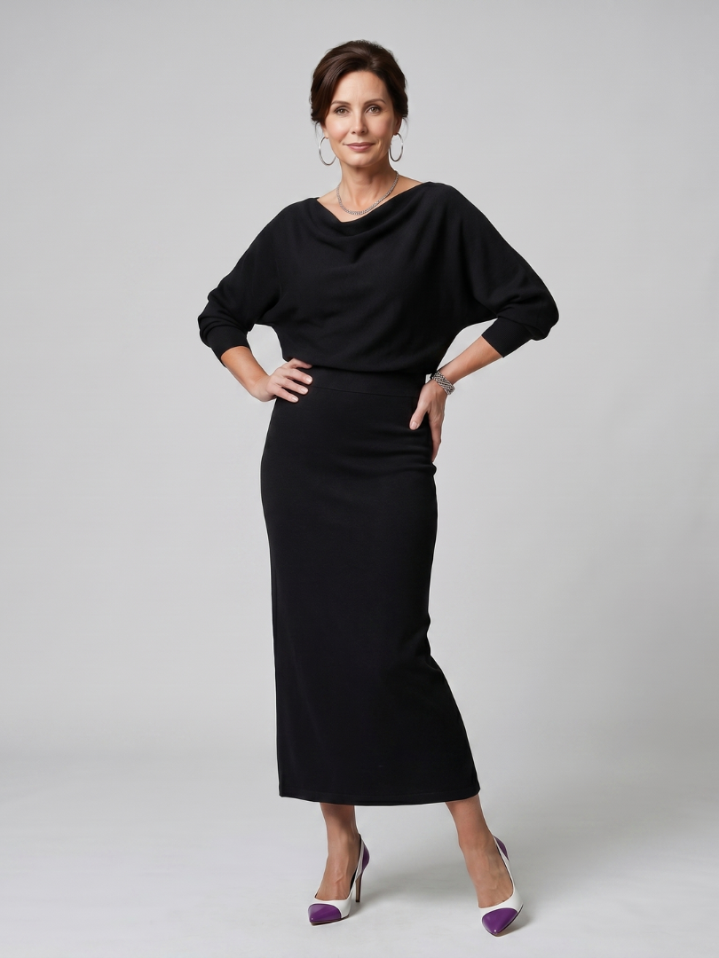 Romy - Vestido Midi com Decote Drapeado e Saia Ajustada