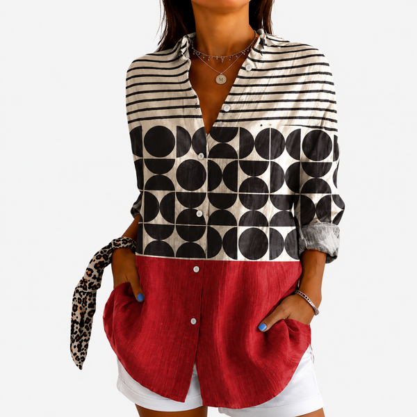 Luiza - Camisa Geométrica com Gola Padre e Listras
