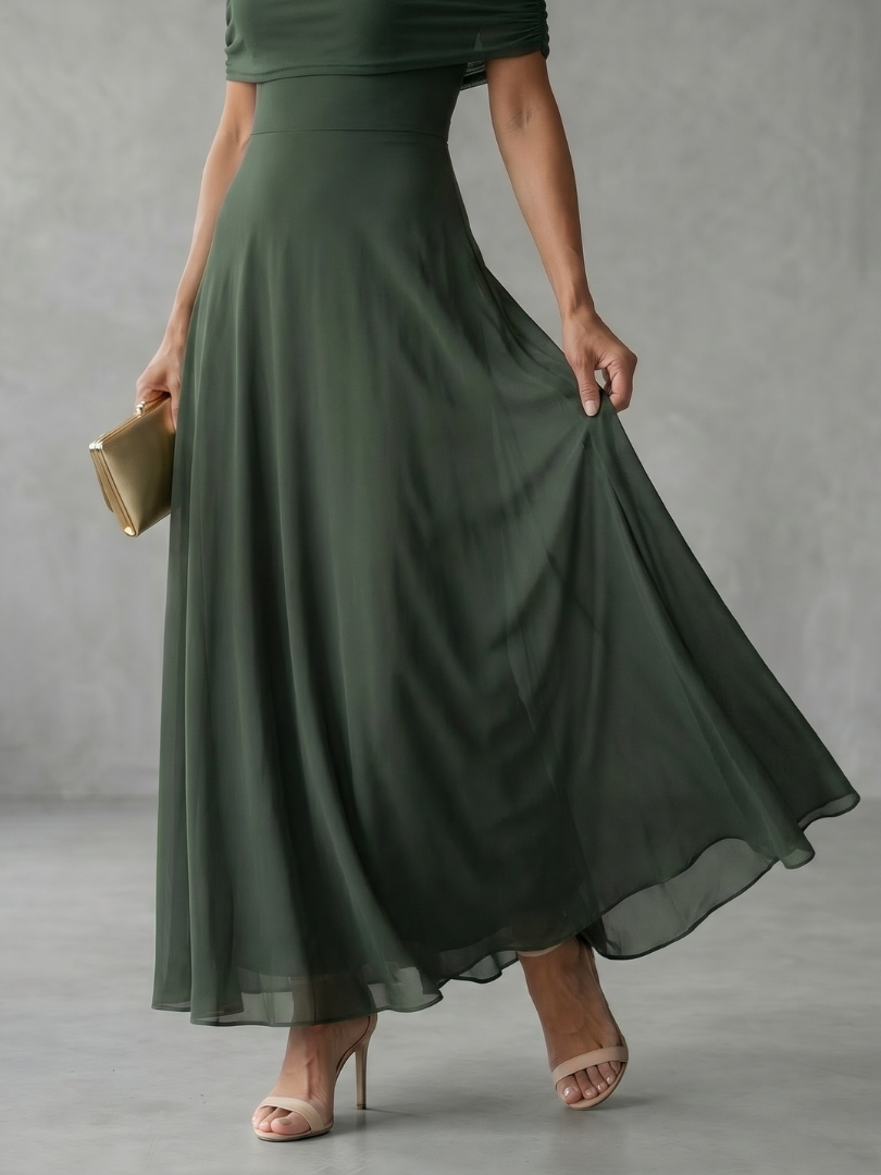 June - Vestido Midi Ombro a Ombro Drapeado