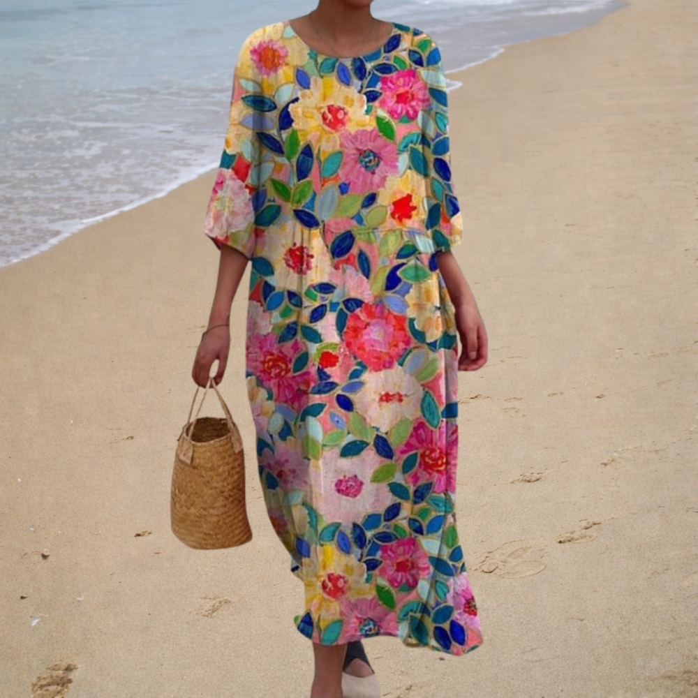 Eduarda - Vestido Longo Floral com Decote Redondo e Manga Média