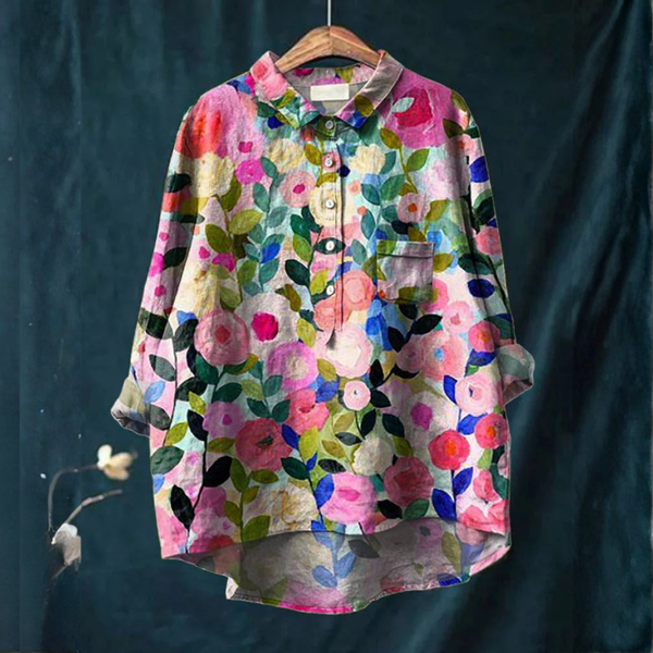 Cecília - Blusa com Flores em Aquarela e Folhas Escuras
