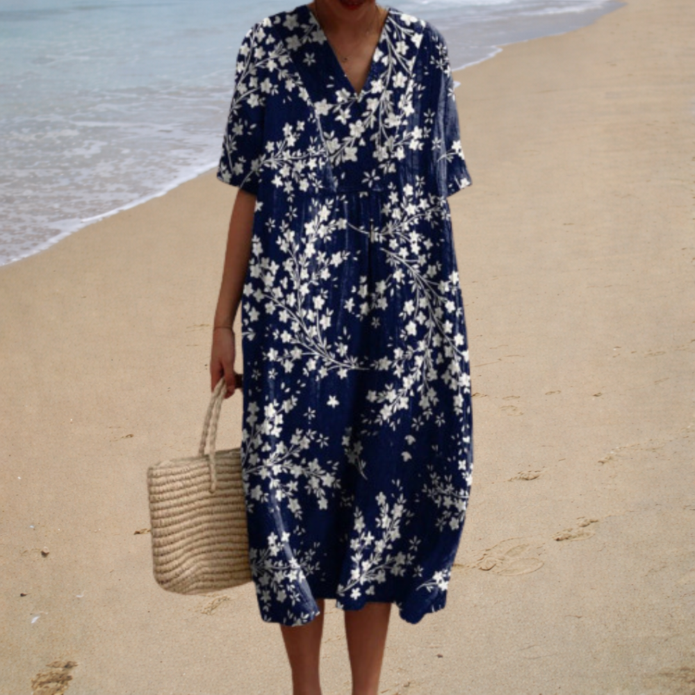 Eloá - Vestido Midi com Estampa de Florzinhas e Decote V