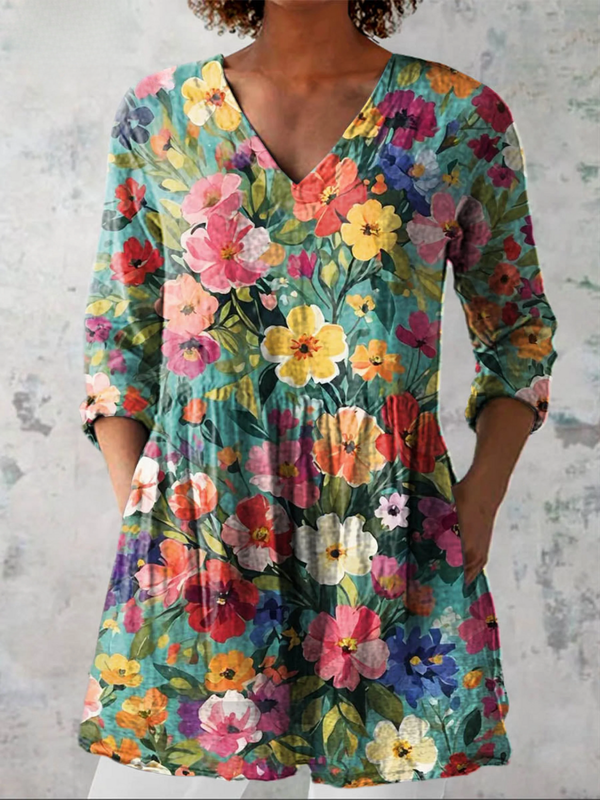 Nora - Blusa Alongada Decote V Estampa Jardim Florido