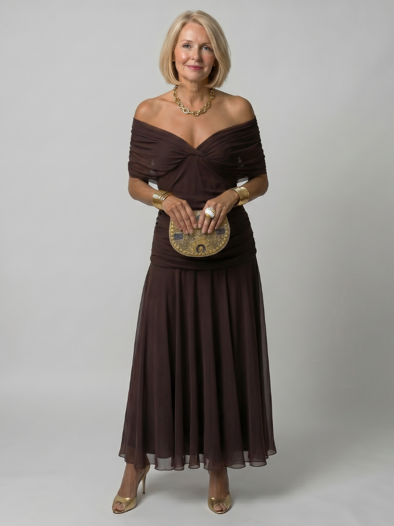 Priscila - Vestido Midi Fluido Ombro a Ombro