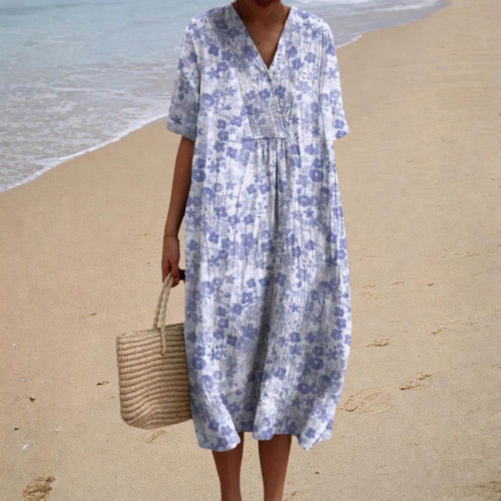 Eloá - Vestido Midi com Estampa de Florzinhas e Decote V