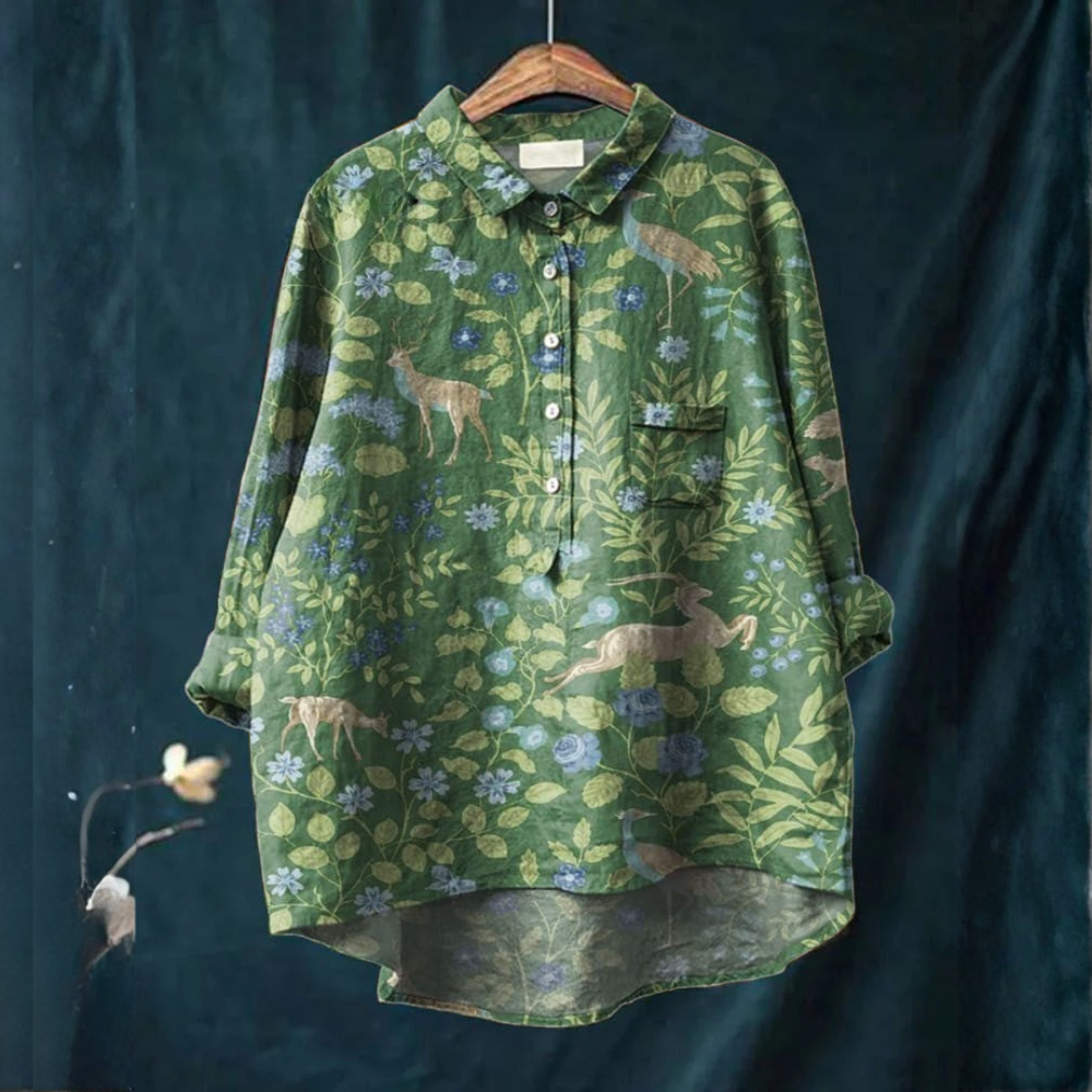 Alessandra - Blusa com Estampa de Cervos na Floresta