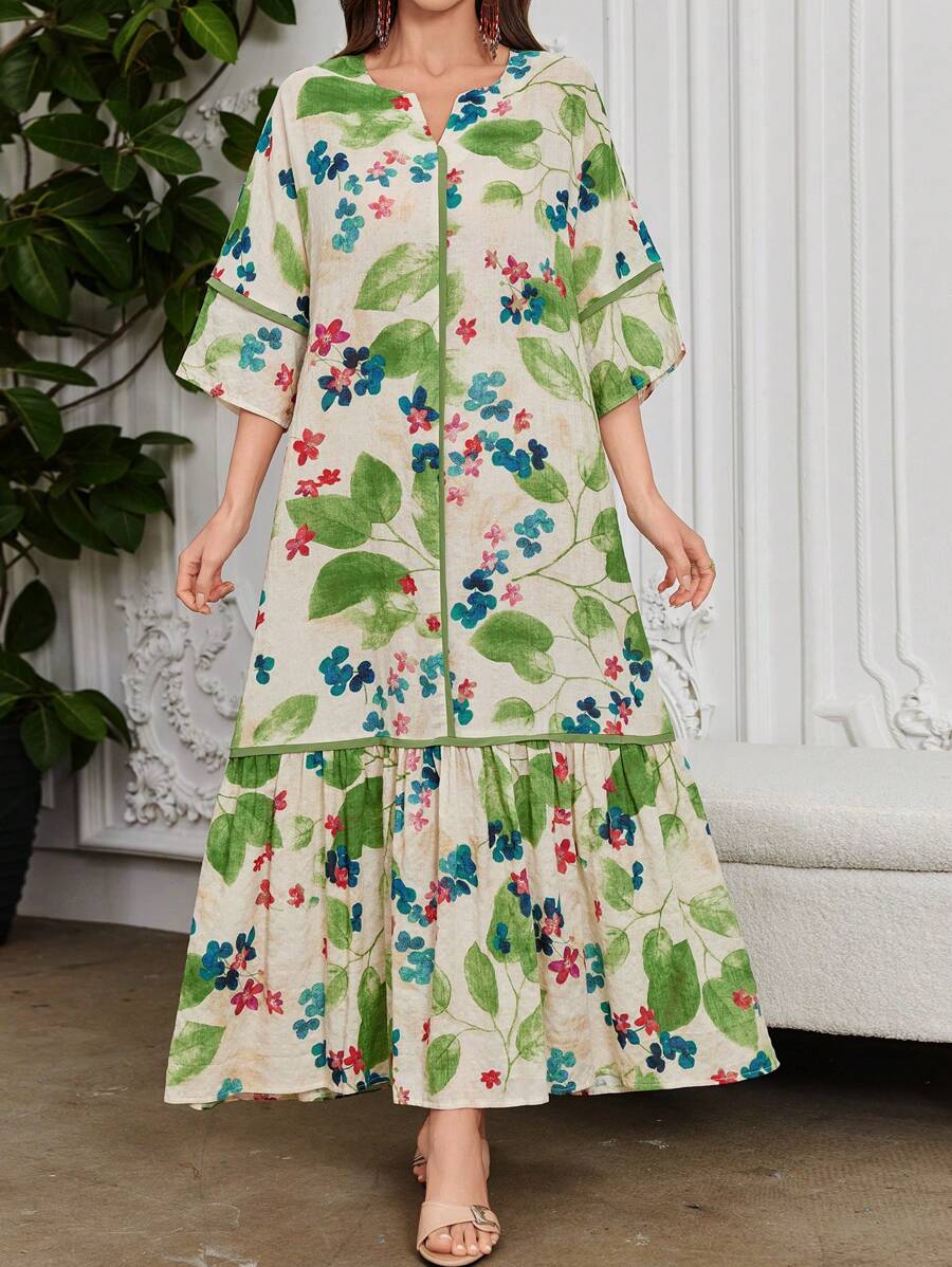 Leah - Vestido Longo Estampa De Folhagem Com Babado