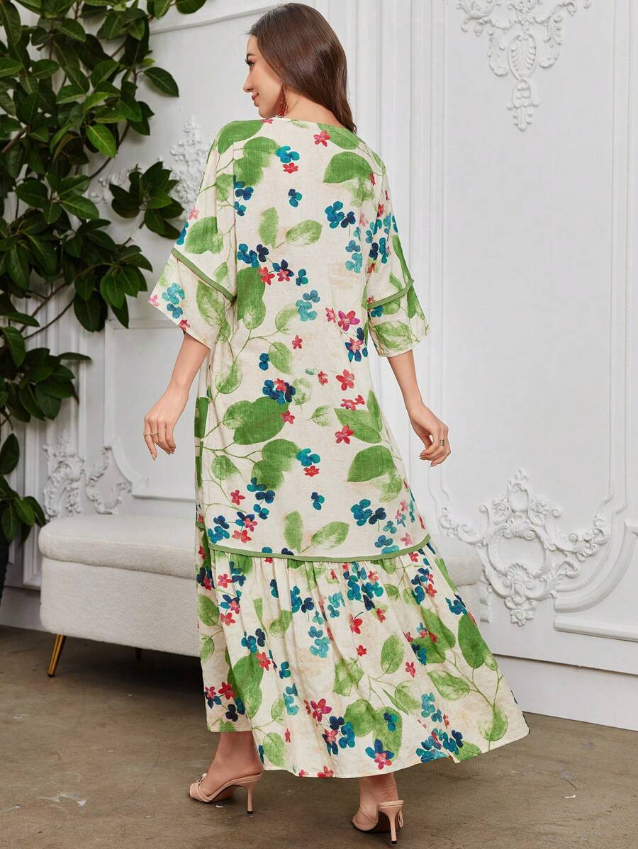 Leah - Vestido Longo Estampa De Folhagem Com Babado