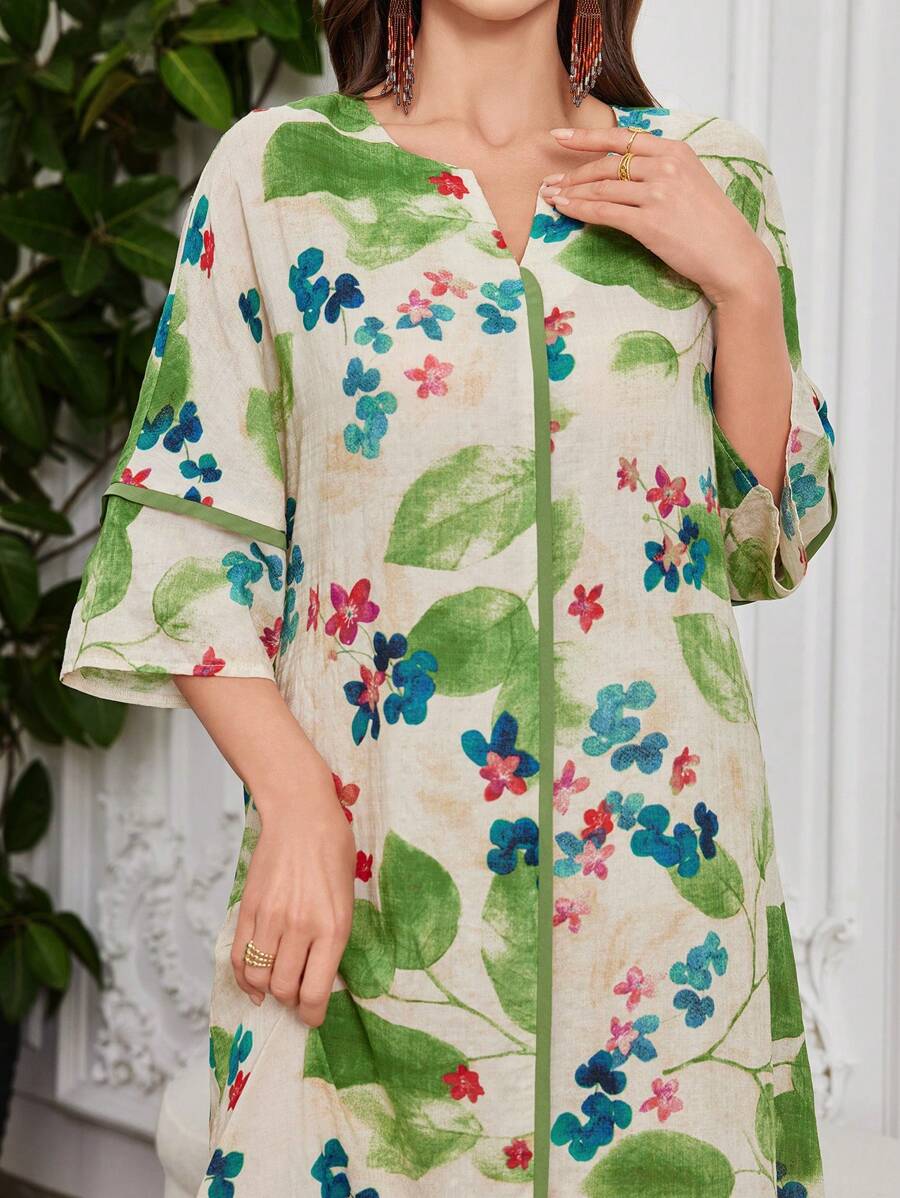 Leah - Vestido Longo Estampa De Folhagem Com Babado