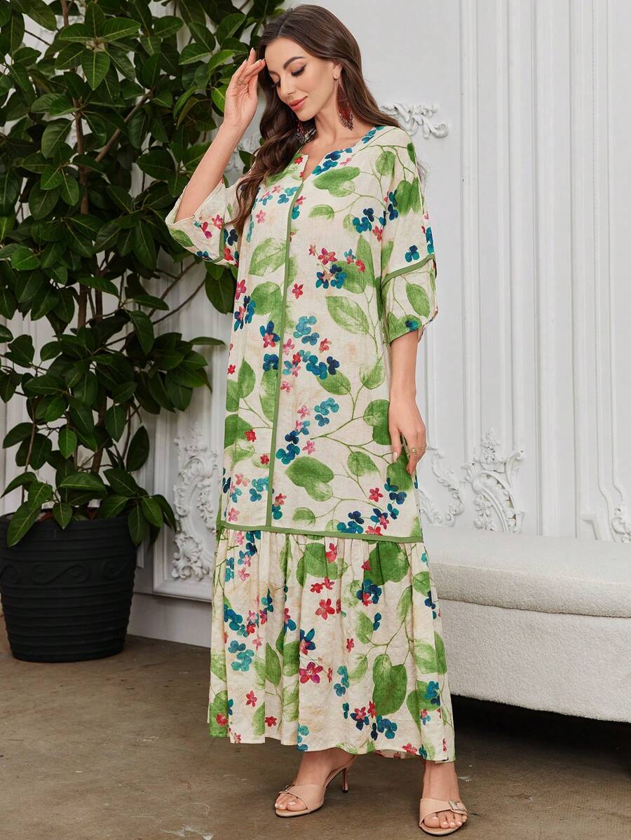 Leah - Vestido Longo Estampa De Folhagem Com Babado