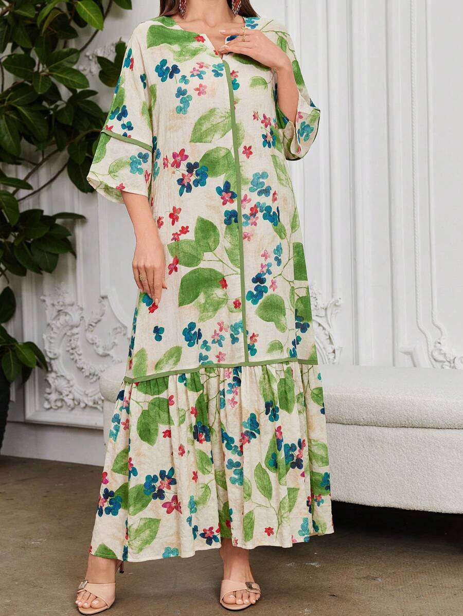 Leah - Vestido Longo Estampa De Folhagem Com Babado
