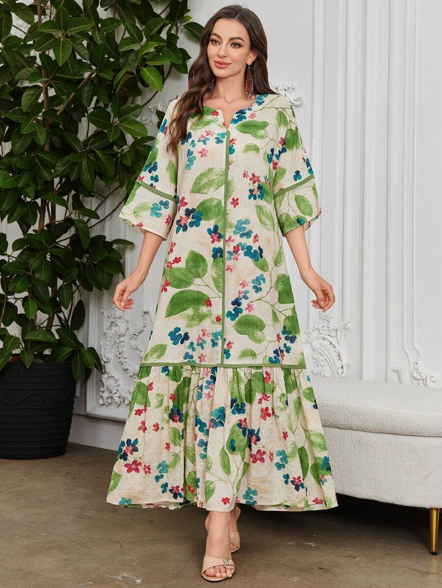 Leah - Vestido Longo Estampa De Folhagem Com Babado