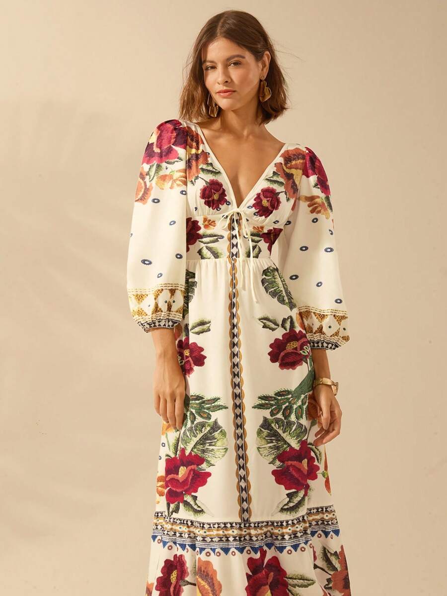 Lillian - Vestido Decote V Manga Bufante Com Amarração