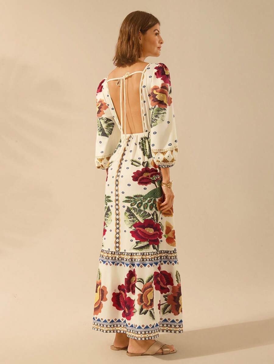 Lillian - Vestido Decote V Manga Bufante Com Amarração