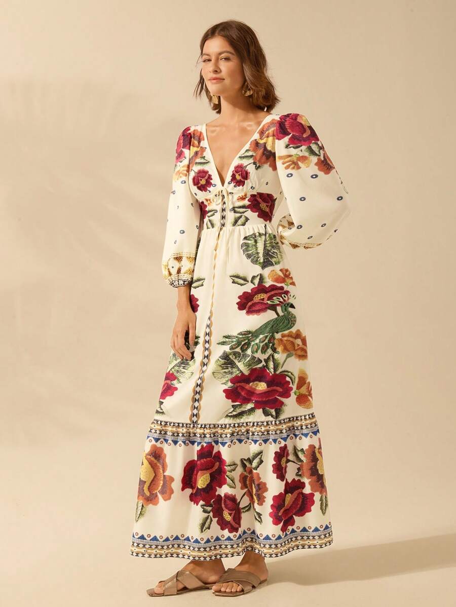 Lillian - Vestido Decote V Manga Bufante Com Amarração