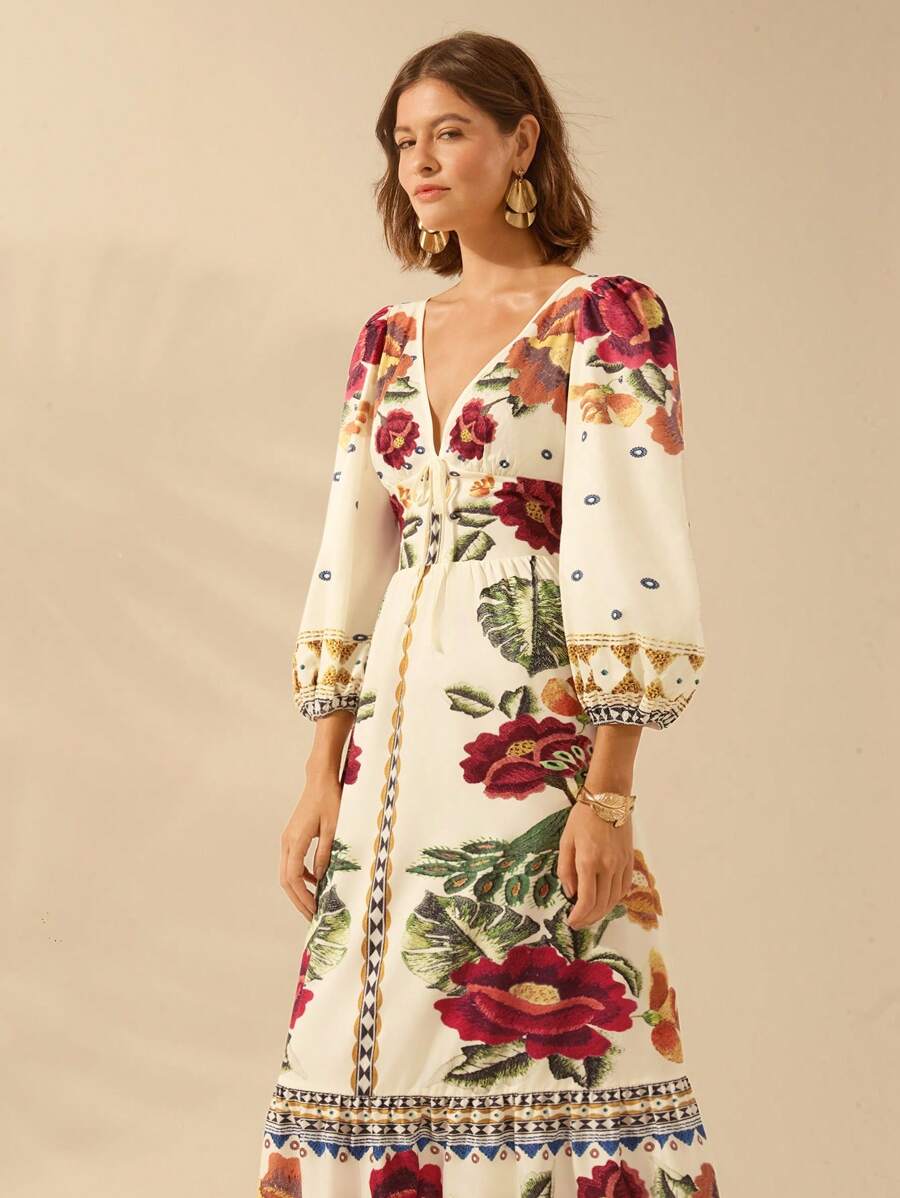 Lillian - Vestido Decote V Manga Bufante Com Amarração