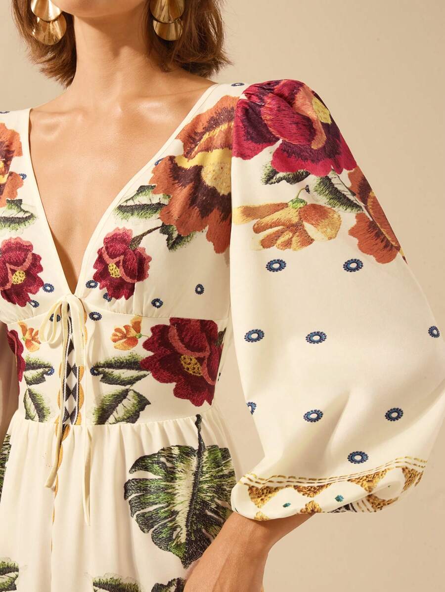 Lillian - Vestido Decote V Manga Bufante Com Amarração
