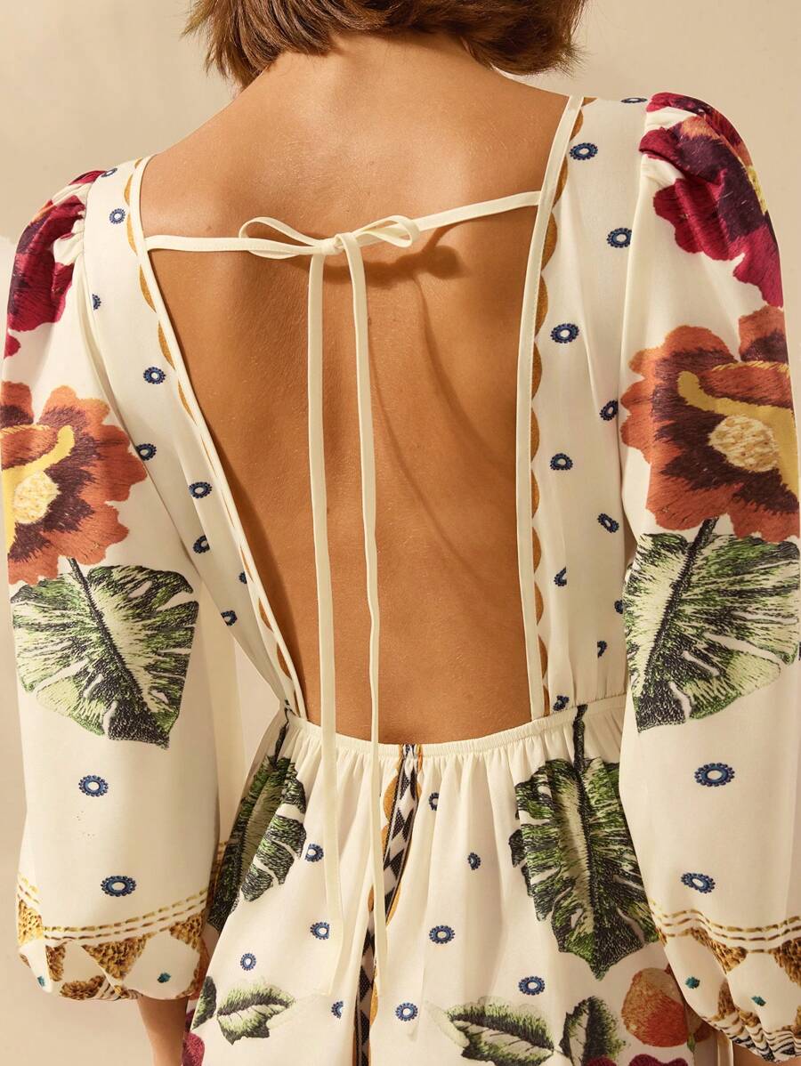 Lillian - Vestido Decote V Manga Bufante Com Amarração