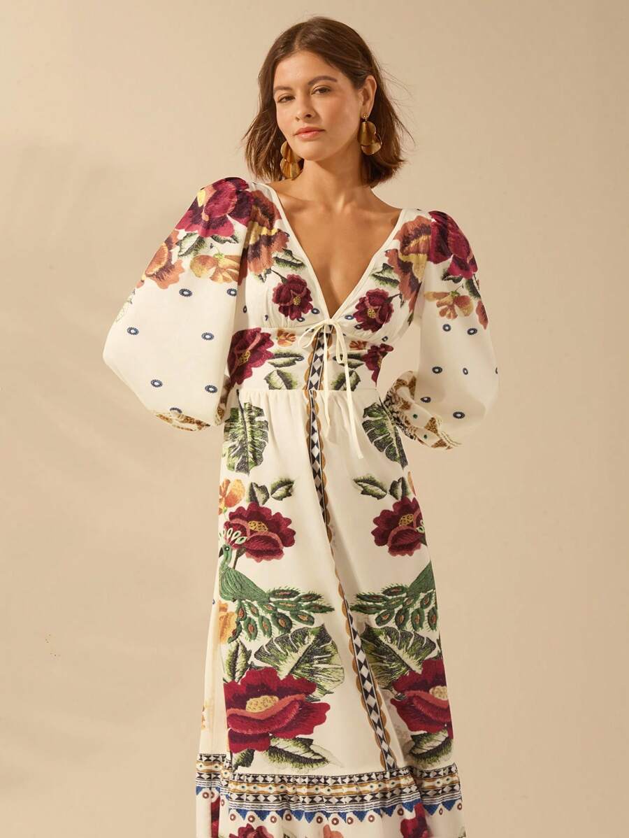 Lillian - Vestido Decote V Manga Bufante Com Amarração