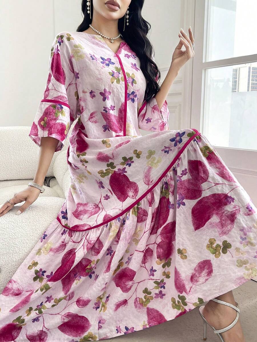 Leah - Vestido Longo Estampa De Folhagem Com Babado