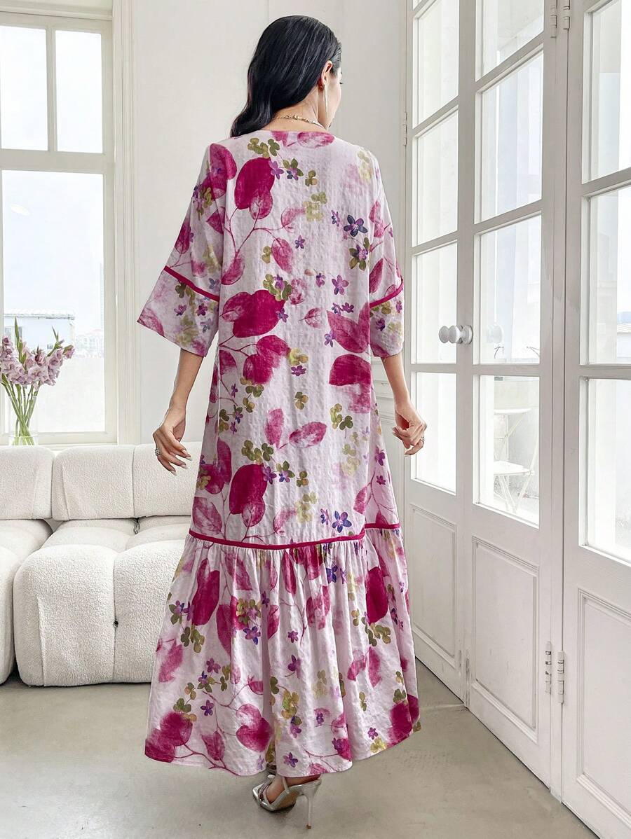 Leah - Vestido Longo Estampa De Folhagem Com Babado