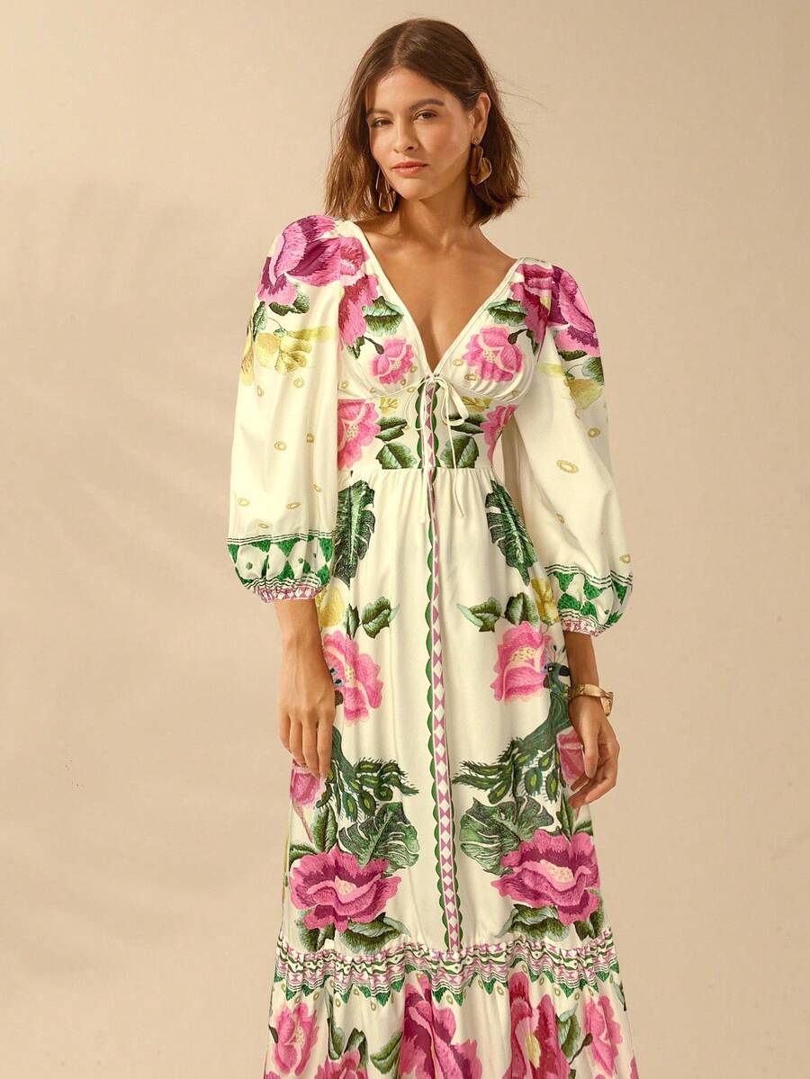 Lillian - Vestido Decote V Manga Bufante Com Amarração