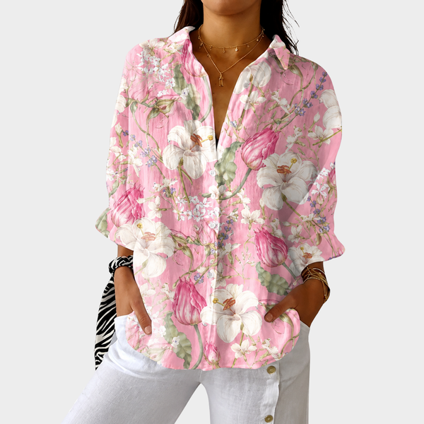 Mariana - Blusa com Estampa de Tulipas e Gola de Camisa