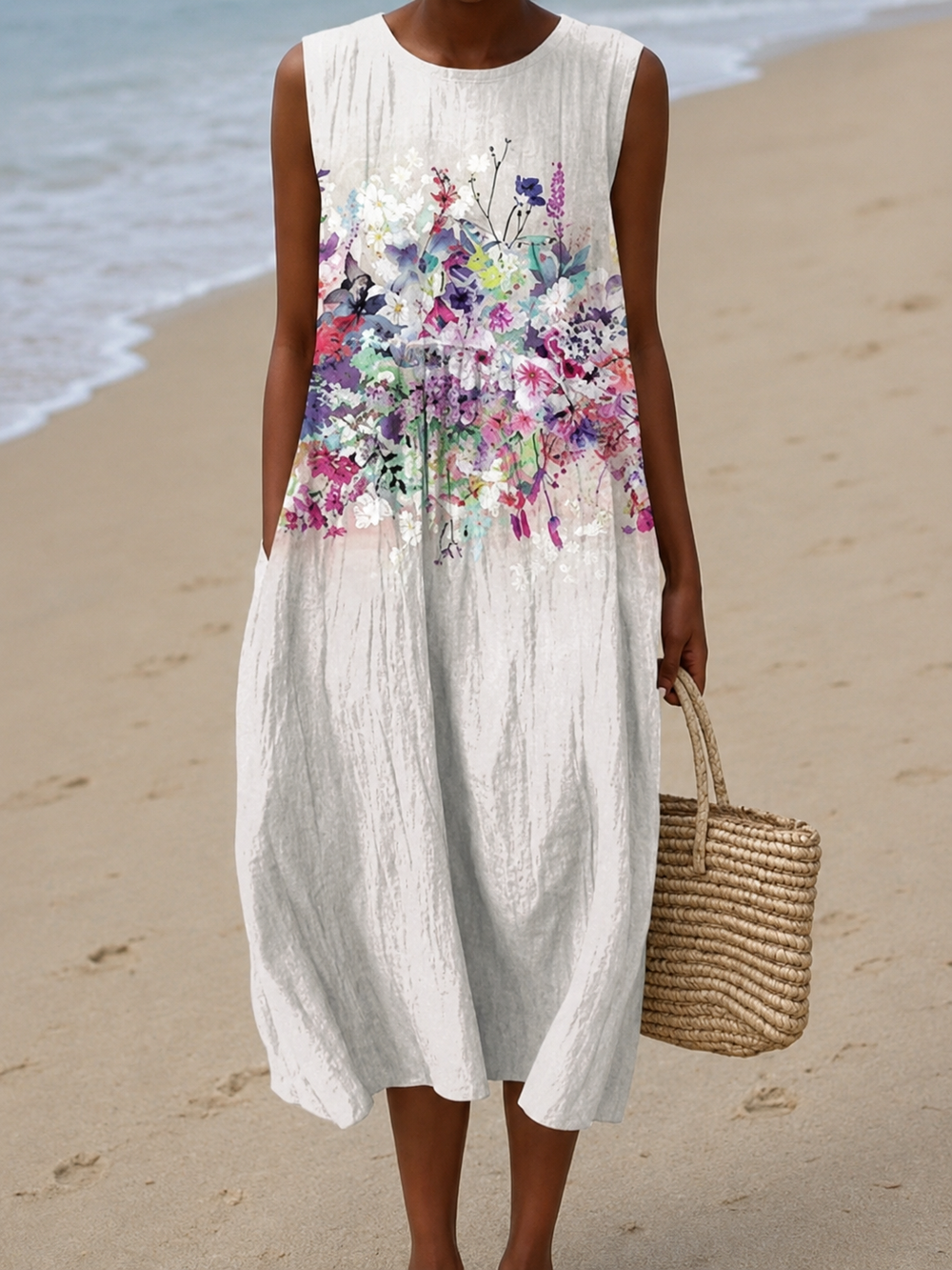 Penelope - Vestido Midi Casual Estampado Sem Mangas