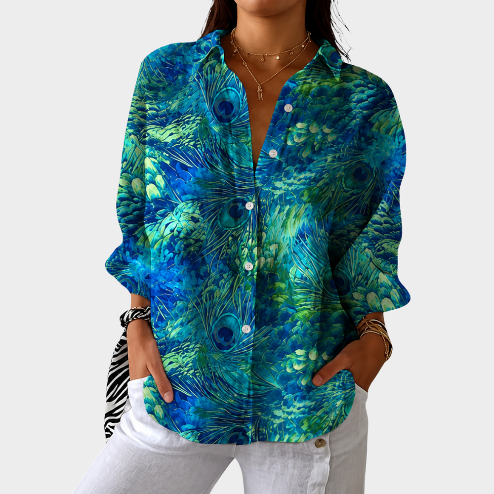 Luciana - Camisa com Estampa de Penas de Pavão