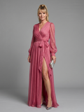 Meredith - Vestido Longo Envelope Fluido de Manga Longa