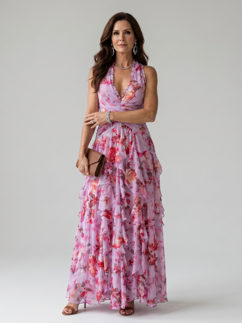 Nori - Vestido Longo Floral Frente Única com Busto Franzido