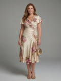 Katarina - Vestido Midi Envelope Floral Listrado com Manga Borboleta