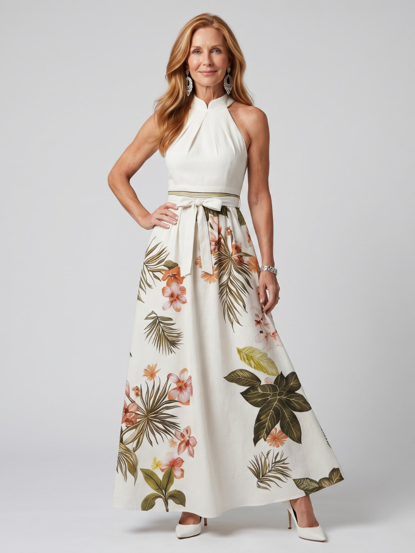 Meadow - Vestido Longo Frente Única Drapeado com Estampa Botânica