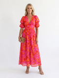 Carla - Vestido Midi Floral com Decote V e Manga Bufante