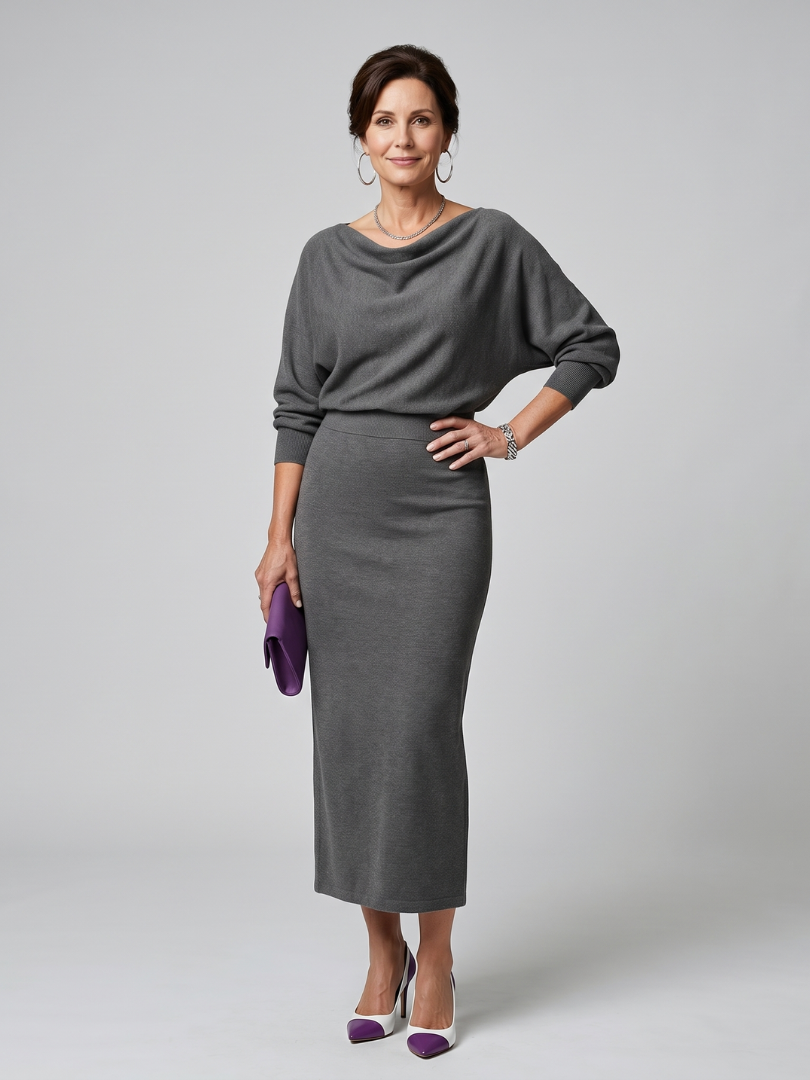 Romy - Vestido Midi com Decote Drapeado e Saia Ajustada