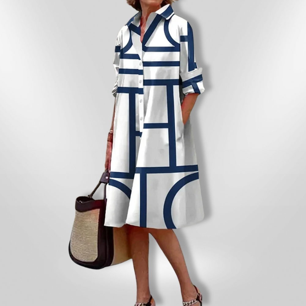 Genesis - Vestido Midi Chemise Estampa Geométrica com Bolsos