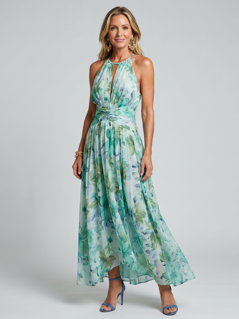 Portia - Vestido Midi Plissado Frente Única com Floral Suave