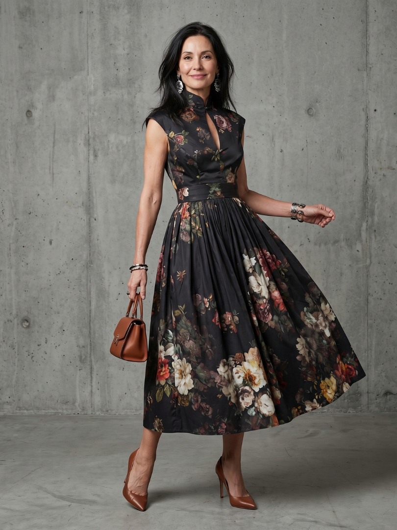 Greta - Vestido Midi Floral Plissado com Gola Alta
