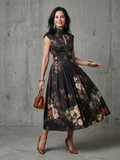 Greta - Vestido Midi Floral Plissado com Gola Alta