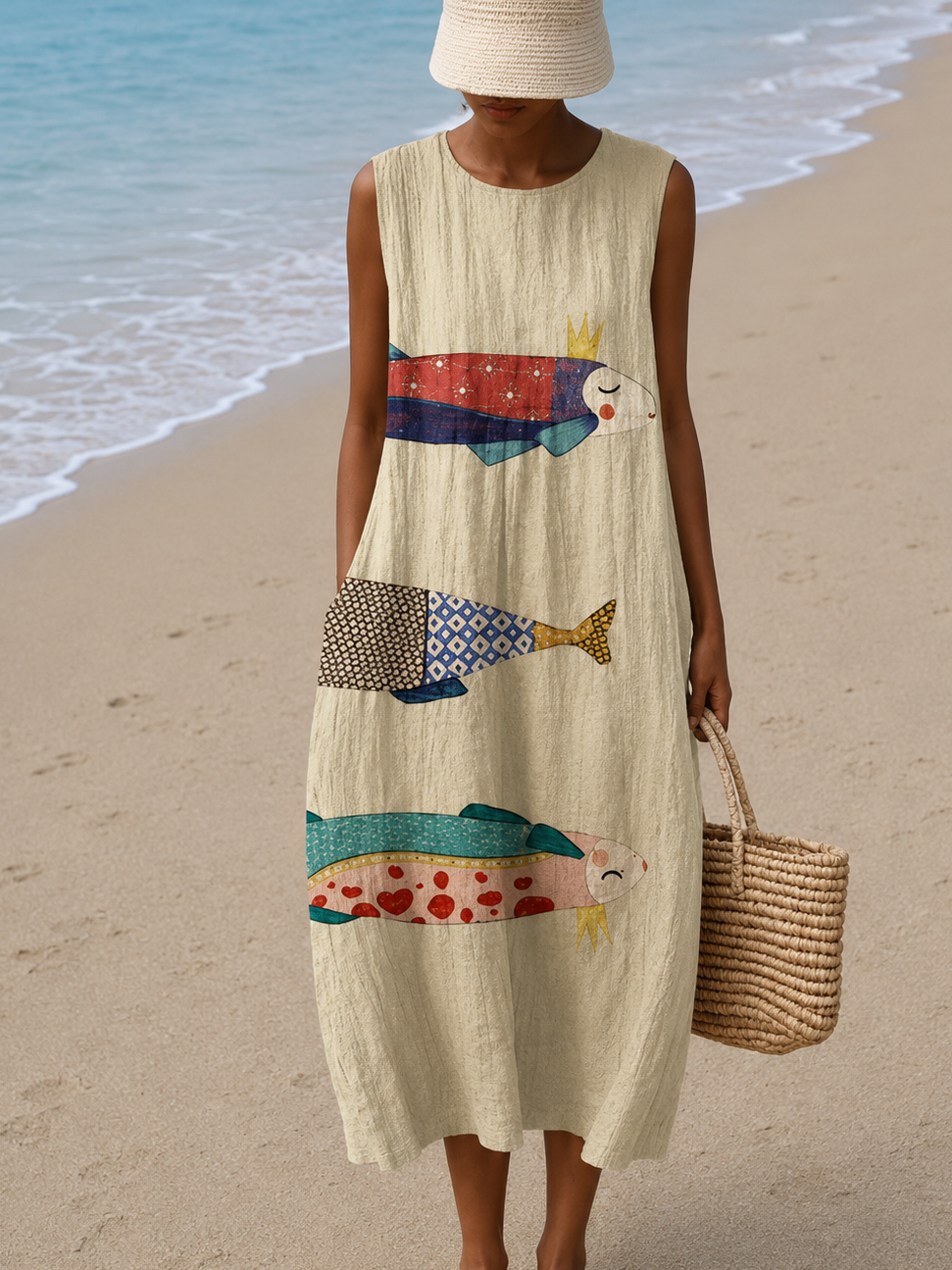 Addison - Vestido Midi de Praia Estampado Sem Mangas