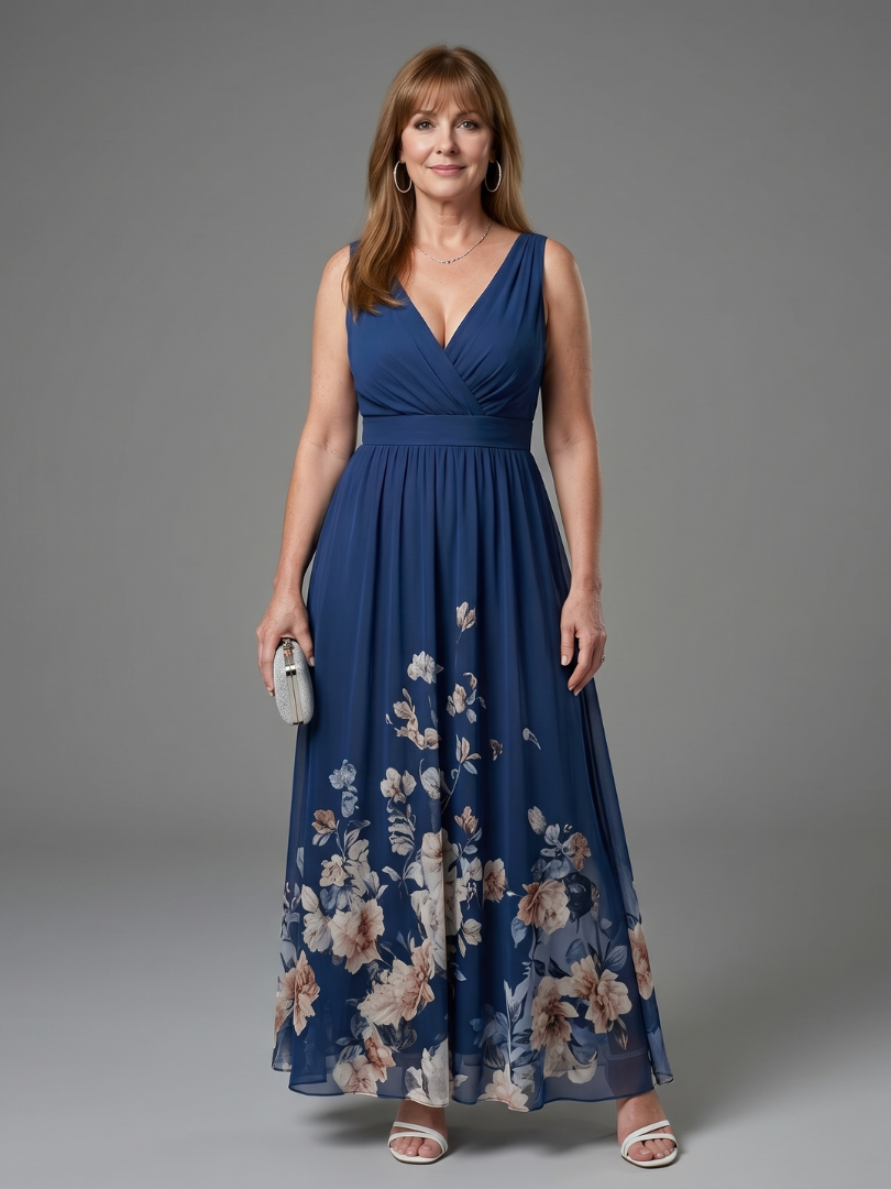 Clarissa - Vestido Midi Sem Mangas com Decote V e Barra Floral