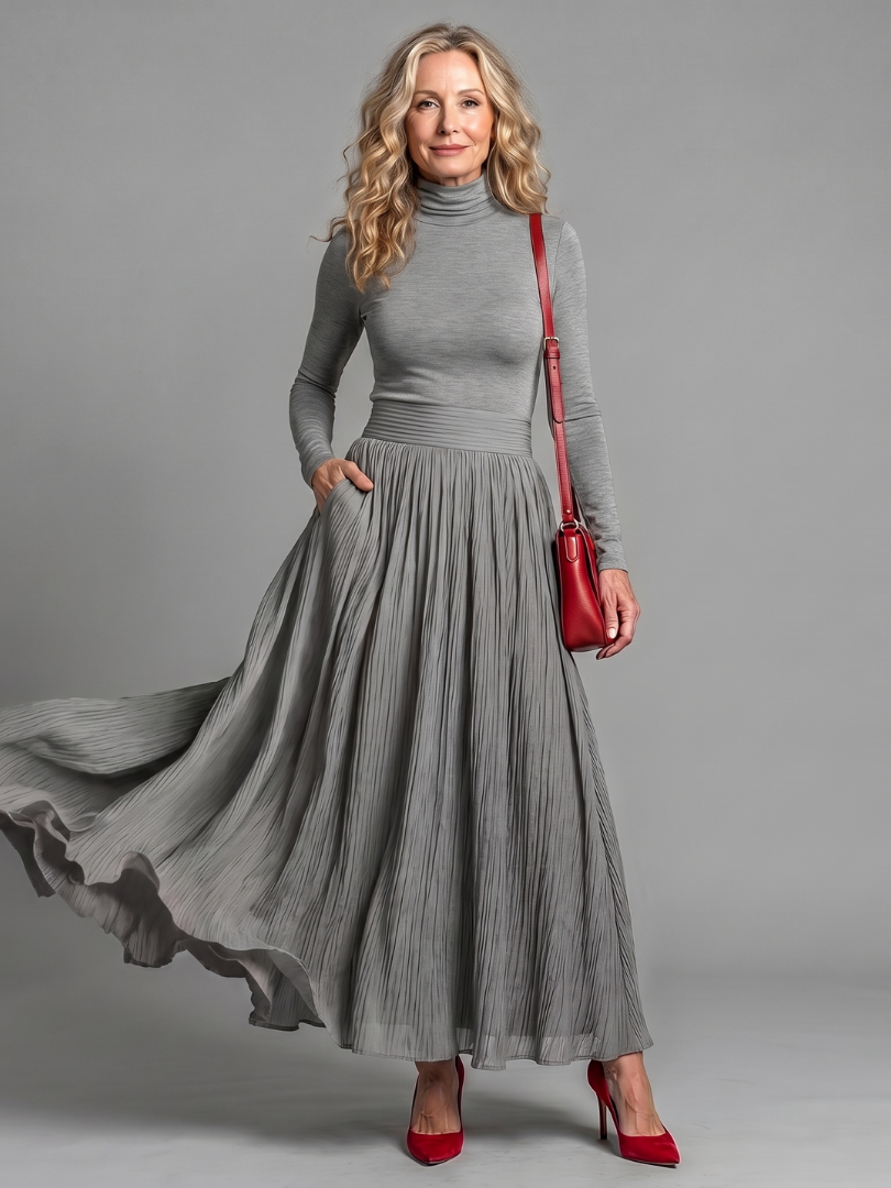 Lana - Vestido Midi de Manga Longa com Gola Alta e Cintura Marcada