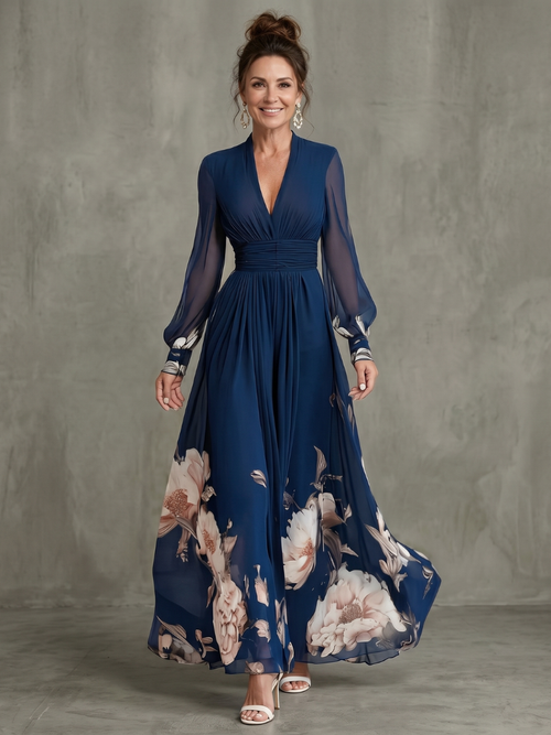 Ziva - Vestido Longo Plissado com Mangas Transparentes